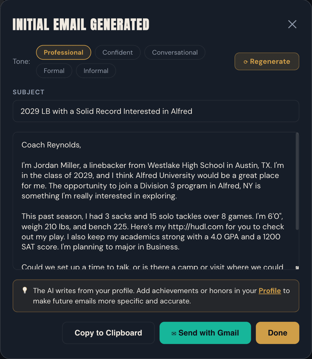 AI-written first-contact email to an assistant coach with tone options and a Send with Gmail button