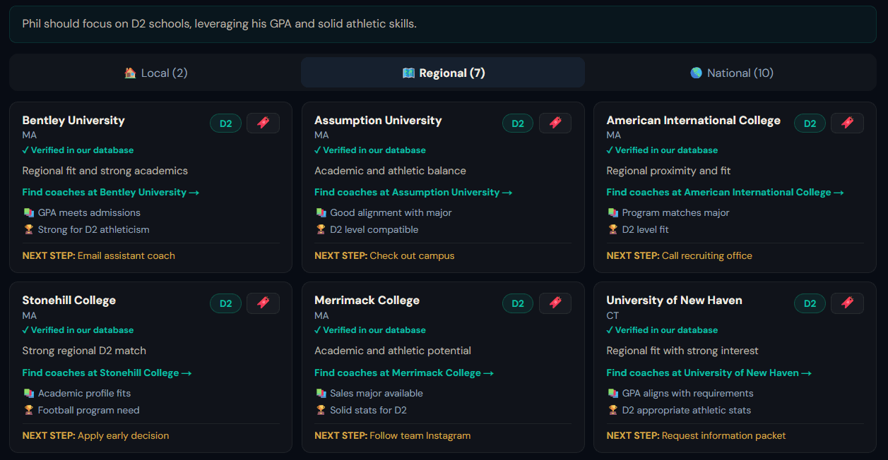AI school match results: Division II programs with fit reasons and a next step for each