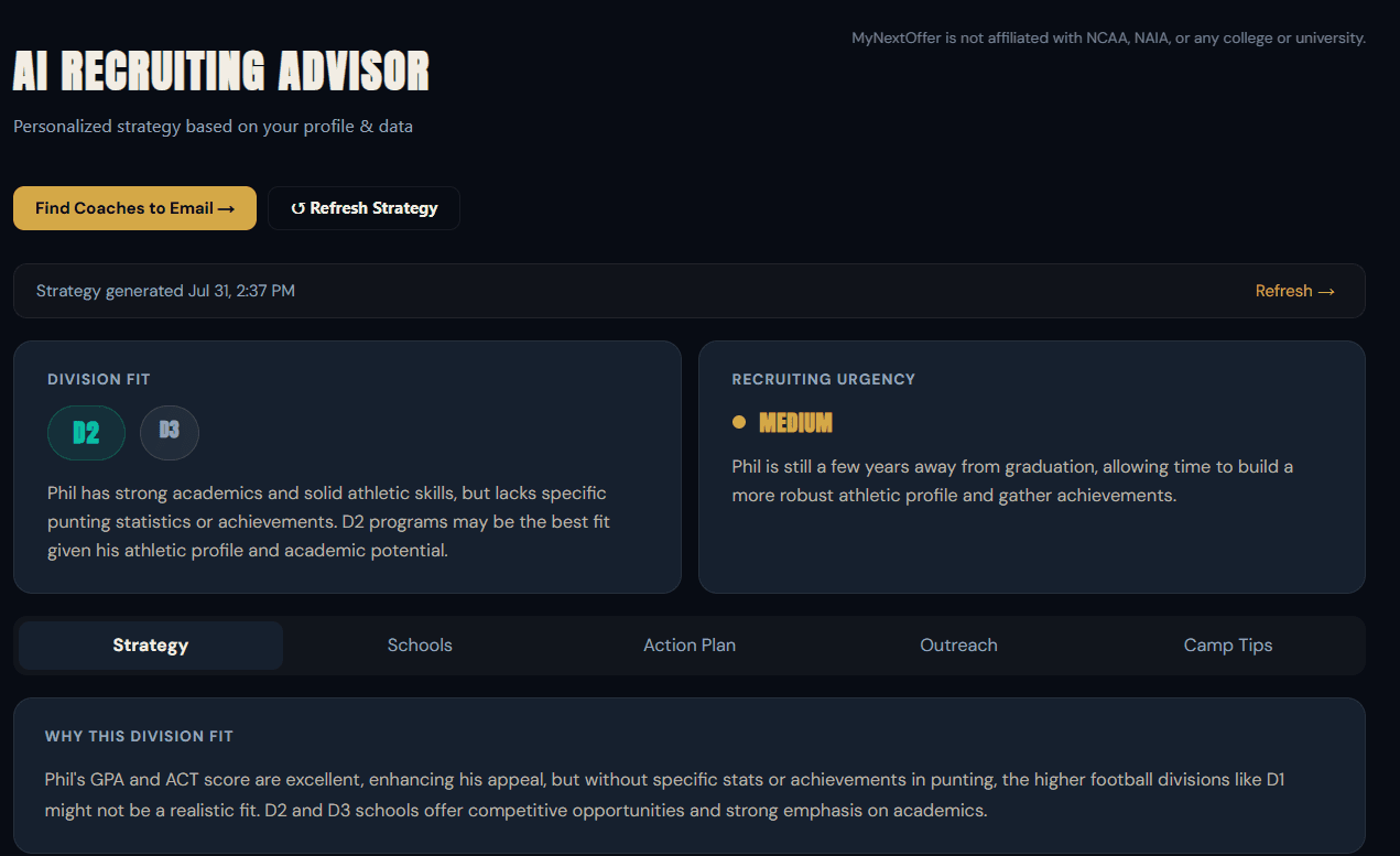 AI Recruiting Advisor showing a Division II fit and medium recruiting urgency with reasoning