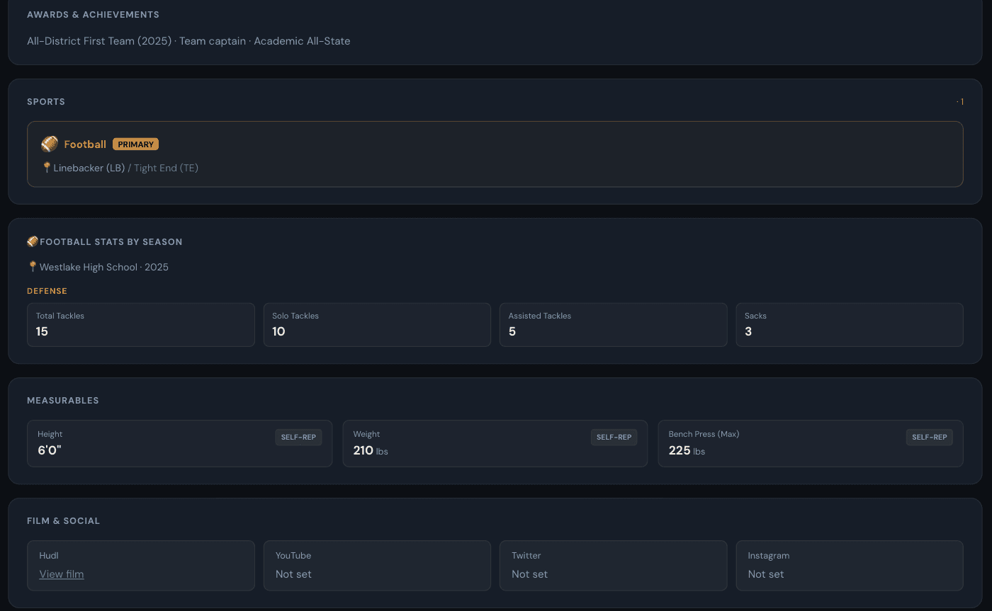 Athlete profile with awards, sport and position, football stats by season, measurables and film links