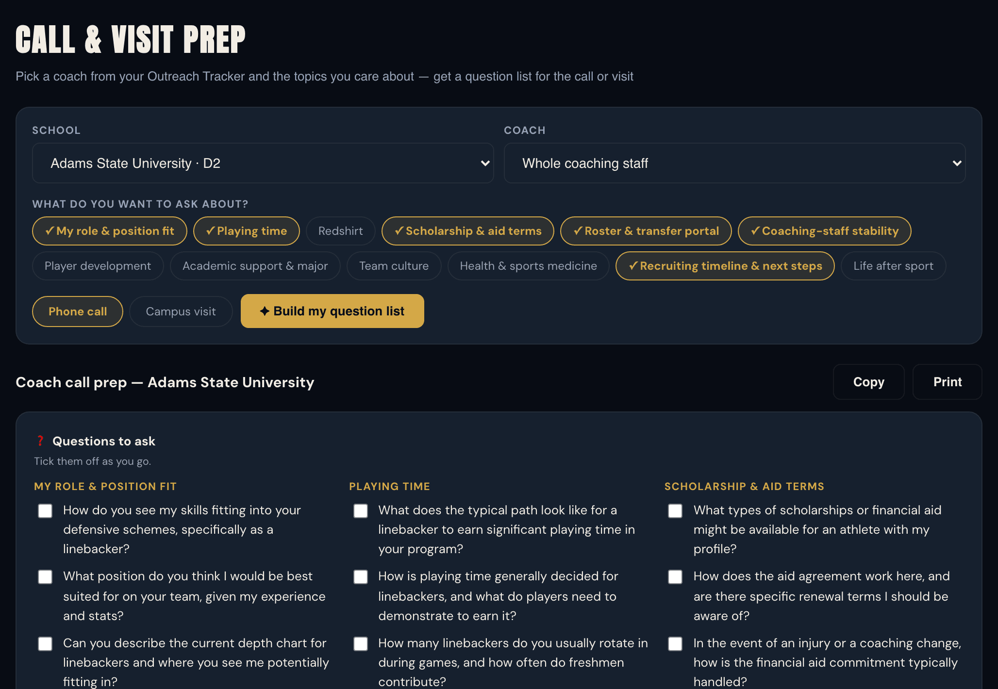 Call & Visit Prep with a school picked from the Outreach Tracker, topic chips, and questions grouped by playing time, scholarship terms and position fit