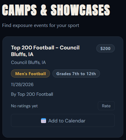Camps & Showcases page with a football camp card showing date, location, grades and price