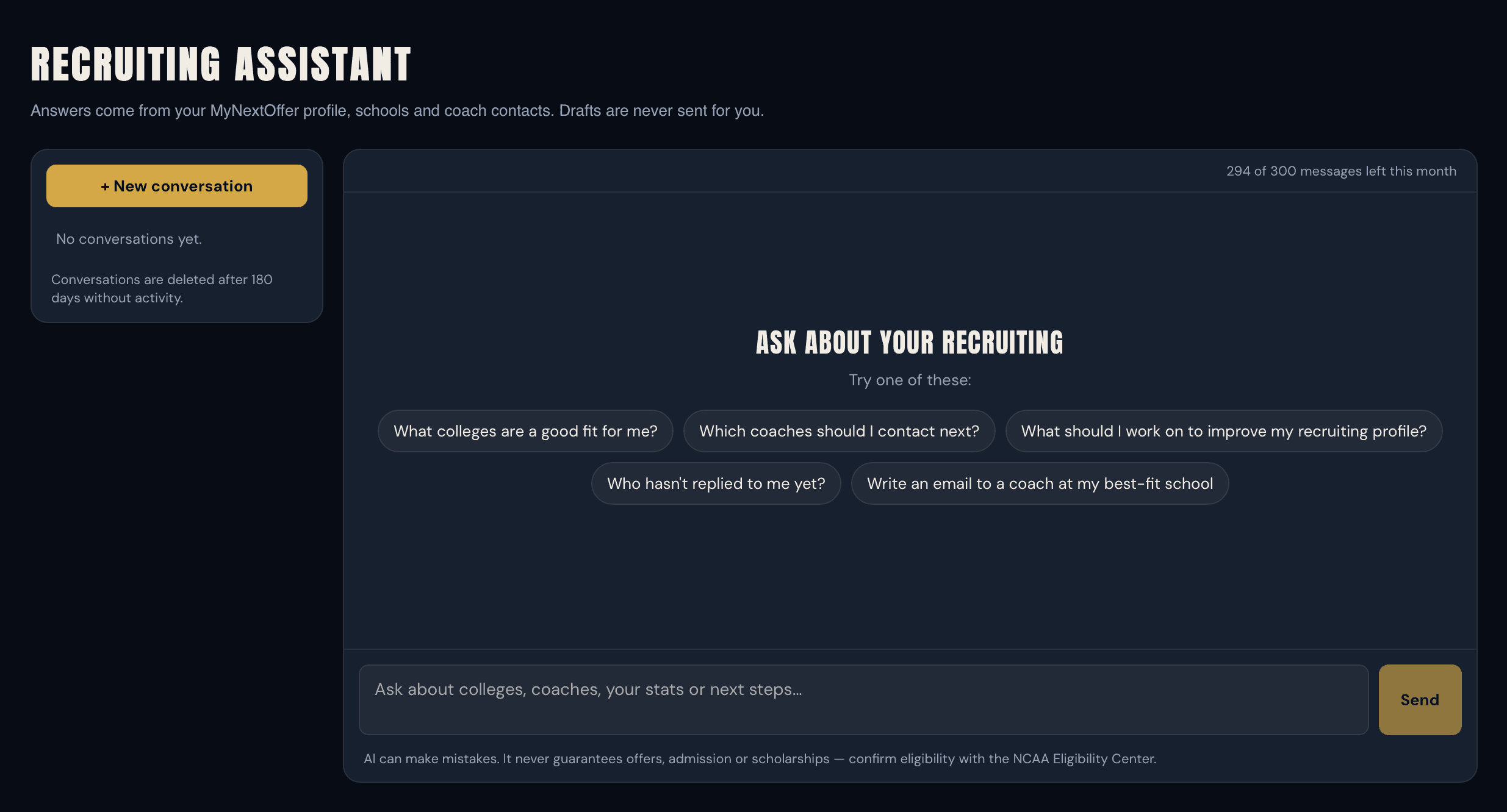 Recruiting Assistant chat with suggested questions such as which colleges fit and which coaches to contact next